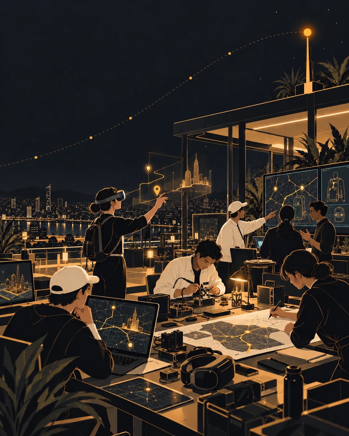 Illustration: a rooftop workshop at night. People build devices, study city maps on screens and test a headset against the skyline.